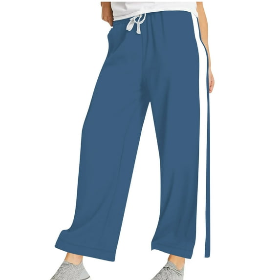Efsteb Womens Casual Large Straight Leg Pants with Side Panel White Stripe and Elastic Waistband for Spring and Summer Wear Blue XXXXL