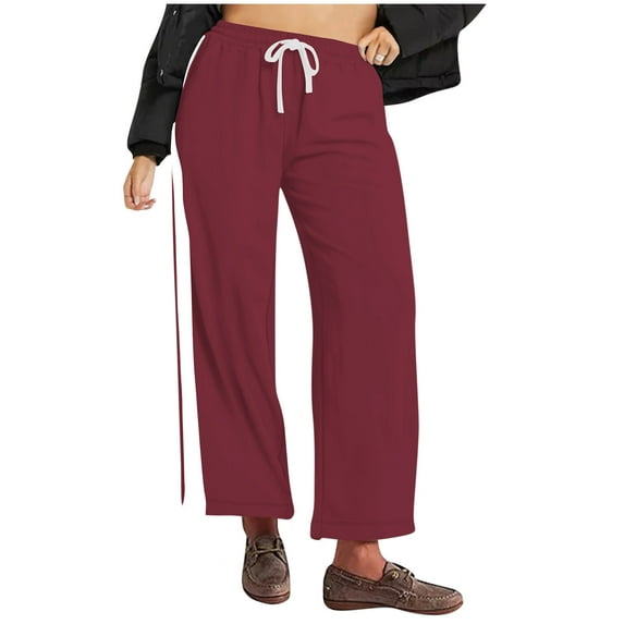 Efsteb Womens Casual Large Straight Leg Pants with Side Panel White Stripe and Elastic Waistband for Spring and Summer Wear Wine XXXXXL