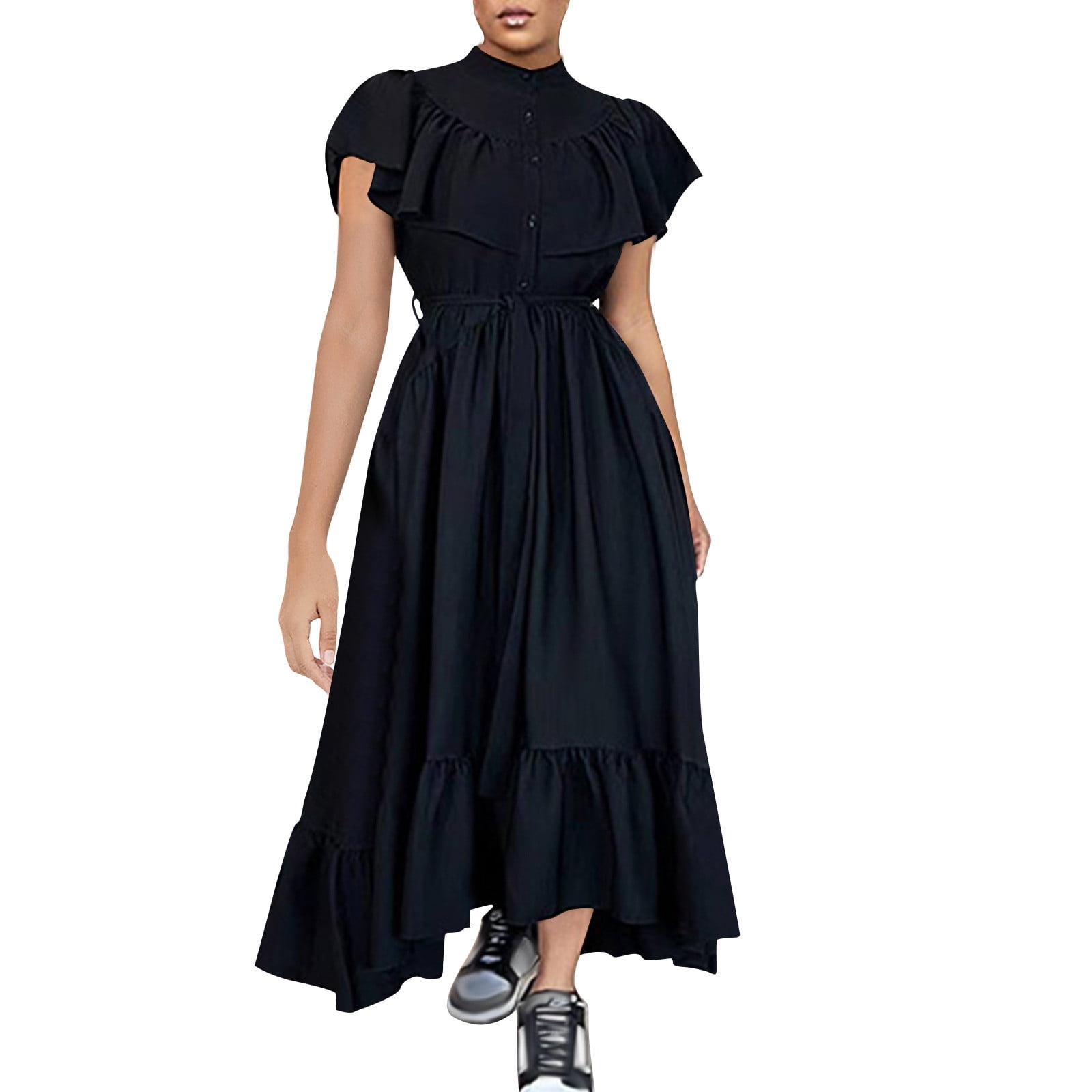 Efsteb Womens Casual Maxi Dresses Mock Neck Pleated Ruffle Cape Dress Loose  A-Line Flowy Boho Beach Dresses (Black,L) - Walmart Business Supplies