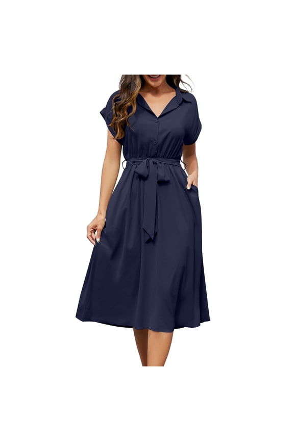 Womens Casual Midi Dresses Solid Color V Neck Short Sleeve Button Shirt Belted Dress with Pockets for Spring Summer （Navy，XXL）