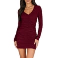 thumbnail image 1 of Efsteb Womens Cocktail Dresses V-Neck Long Sleeve Solid Color Fashion Ruched Bodycon Dress Club Party Mini Fitted Dress Dresses (Wine,L), 1 of 7