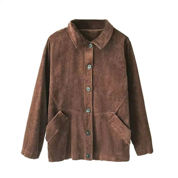 Efsteb Womens Corduroy Jacket Solid Color Long Sleeve Round Neck Top Coat with Pockets Casual Comfortable Layer Brown L