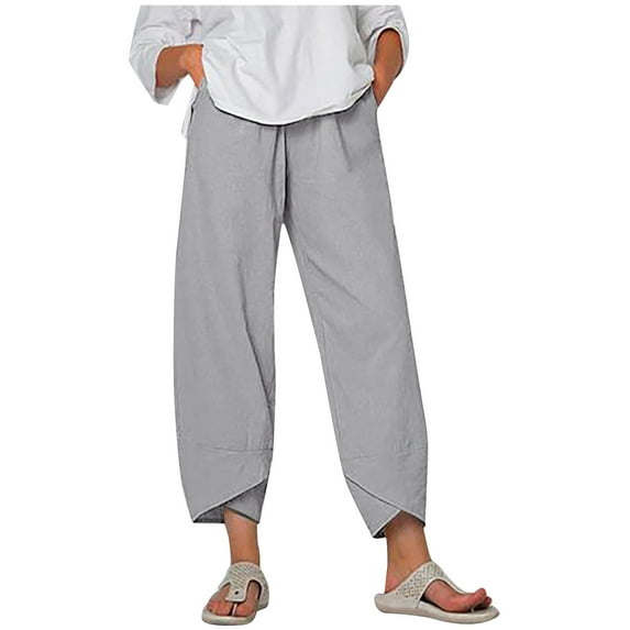 Efsteb Womens Cotton Linen Capris Pants Elastic High Waist Wide Leg Cropped Pants Casual Comfy Baggy Pants (Gray,XL)