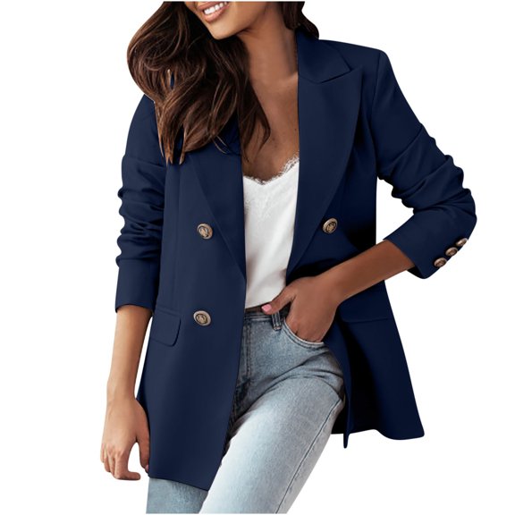 Efsteb Womens Double Breasted Solid Color Jacket Elegant Stylish Comfortable Outwear Casual Versatile Fashion Blue XXL