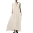 thumbnail image 1 of Efsteb Womens Dress Casual Cotton Linen Tank Dress with Pockets Solid Color Loose Fit Resort Dress Spring V-Neck Sleeveless ,Size:4, 1 of 4