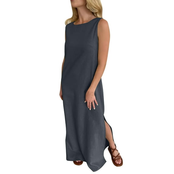 Efsteb Womens Dress Casual Loose Fit Solid Color Sleeveless Linen Long Tank Dress Spring Crew Neck Resort Dress ,Size:L