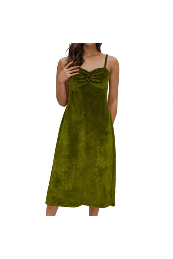 Womens Dress Casual Resort Dress Spring Crew Neck Solid Color Sleeveless Loose Fit Ruched Elegant Velvet Spaghetti Strap Dress ,Size:S