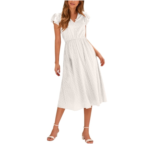 Efsteb Womens Dress Casual Sleeveless Spring V-Neck Ruffles Sleeve Button Waist Elegant Dress Solid Color Resort Dress Loose Fit ,Size:L