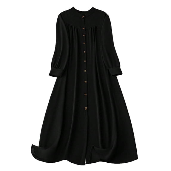 Efsteb Womens Dress Casual Solid Color 3/4 Sleeve Spring Crew Neck Button Long Dress Resort Dress Loose Fit ,Size:XXXXL