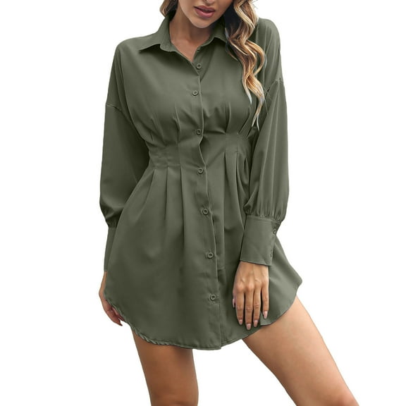 Efsteb Womens Dresses Button Down Shirt Dress Long Sleeve Pleated Waist Office Dress Solid Color Casual Comfy Fashion Dresses (Green,XL)