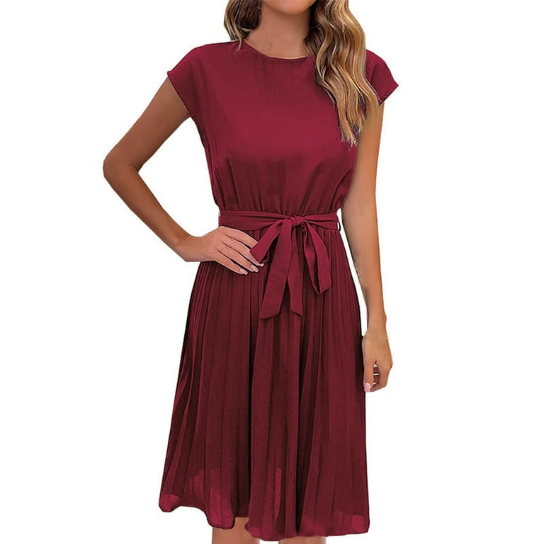 Efsteb Womens Dresses Casual Summer Dress Slim Solid Color Dresses Round  Neck Short Sleeve Dress Pleated Dress Wine M 
