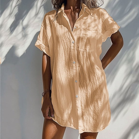 Efsteb Womens Dresses Cotton Linen Long Shirts Dress Casual Button Plus Size Blouses Fitted Solid Color Lapel Shirt Dresses with Pockets (Beige,S)