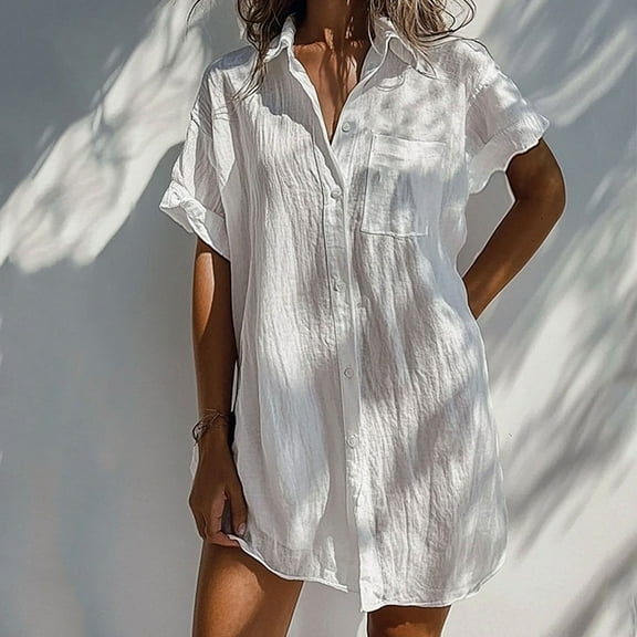 Efsteb Womens Dresses Cotton Linen Long Shirts Dress Casual Button Plus Size Blouses Fitted Solid Color Lapel Shirt Dresses with Pockets (White,XXL)