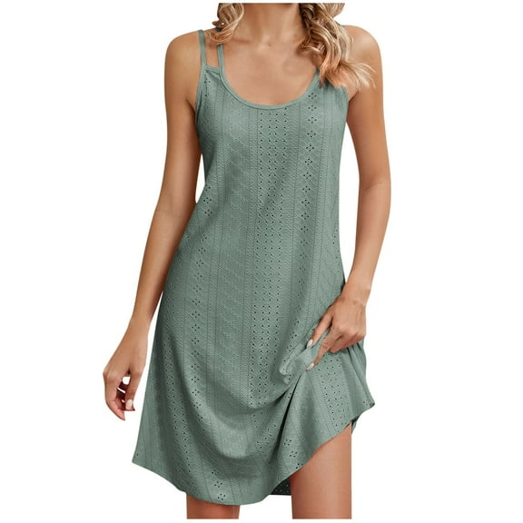 Efsteb Womens Dresses Crew Neck Eyelet Suspenders Dress Sleeveless Classic Solid Color Casual Loose Comfy Fashion Sundresses Spring Dress (Green,S)