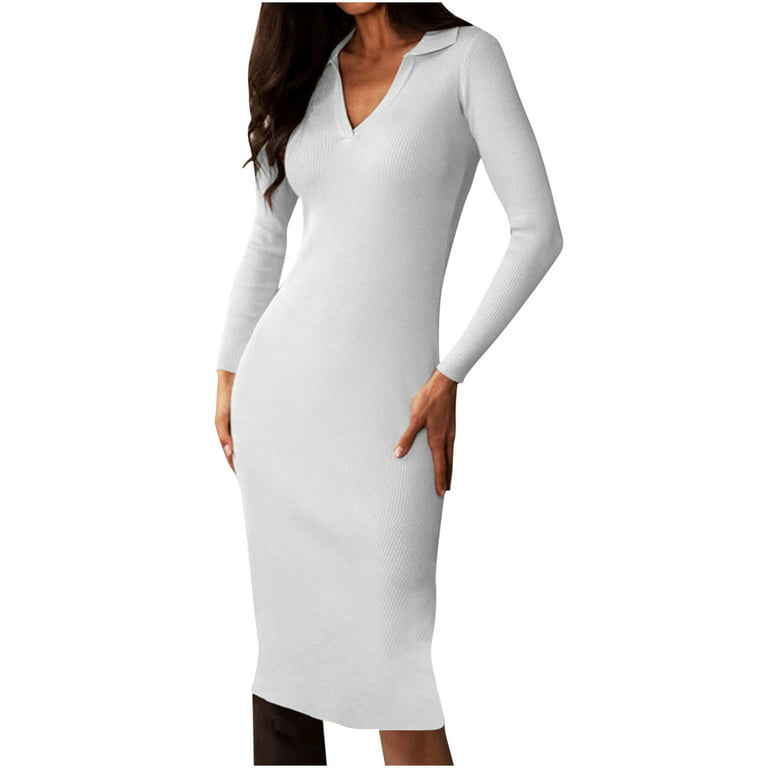 Efsteb Womens Dresses Fashion Fashion Tight Fitting Hip Party Long Dress  Solid Color Loose Fall Dress Casual V-Neck Long Sleeve Dresses White M 
