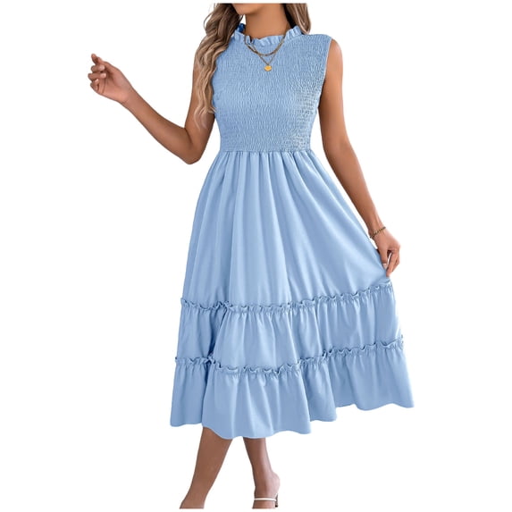 Efsteb Womens Dresses Fashion Ruched Ruffle Hem Tiered A-Line Dress Solid Color Loose Crew Neck Beach Vacation Sleeveless Casual Dresses (Blue,XL)