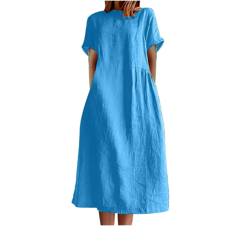 Efsteb Womens Dresses Maxi Dress Short Sleeve Dress Solid Color Dresses  Summer Dress Round Neck Loose Casual Cotton Linen Dress Blue XL