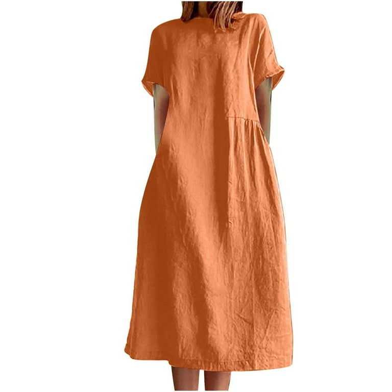 Efsteb Womens Dresses Maxi Dress Short Sleeve Dress Solid Color Dresses  Summer Dress Round Neck Loose Casual Cotton Linen Dress Orange XL 