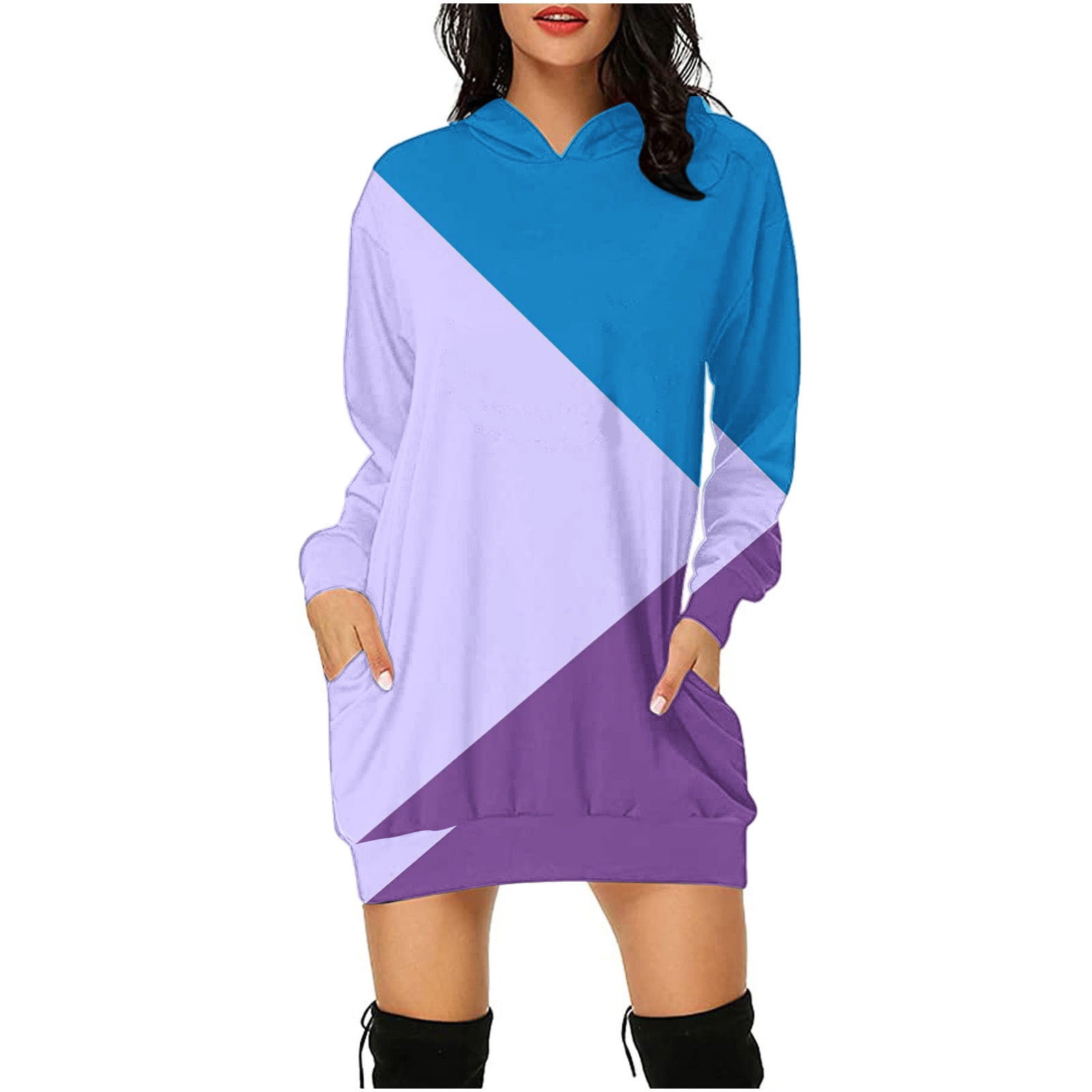Efsteb Womens Dresses Pullover With Pocket Hooded Dress Fall Dress Fashion  Solid Color Patchwork Long Sleeve Dress Loose Hooded Neck Casual Purple S