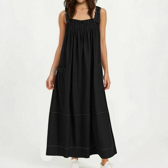 Efsteb Womens Dresses Square Neck Ruched Long Suspender Dress Sleeveless Classic Solid Color Comfy Casual Loose Sundresses Fashion Spring Dresses (Black,S)