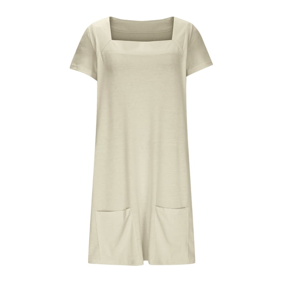 Efsteb Womens Dresses Square Neck Tshirt Shirts Dress with Pocket Short Sleeve Summer Fashion Casual Sundresses Comfy Solid Color Dresses (Beige,S)