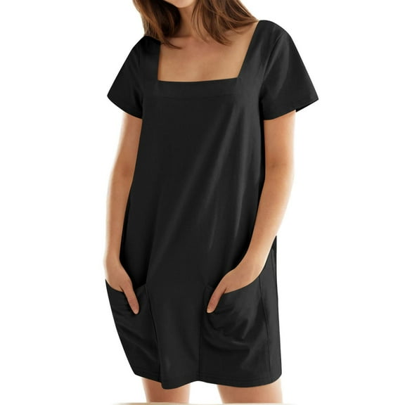 Efsteb Womens Dresses Square Neck Tshirt Shirts Dress with Pocket Short Sleeve Summer Fashion Casual Sundresses Comfy Solid Color Dresses (Black,L)