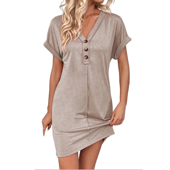 Efsteb Womens Dresses Summer Loose Fit Resort Dress Spring V-Neck Solid Color Casual Button Short Dress Short Sleeve ,Size:6