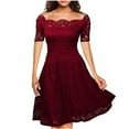 thumbnail image 1 of Efsteb Womens Dresses Trendy Casual Crewneck Summer Dress Loose Solid Color Lace Patchwork Short Sleeve Dress Mini Dress Wine XL, 1 of 7