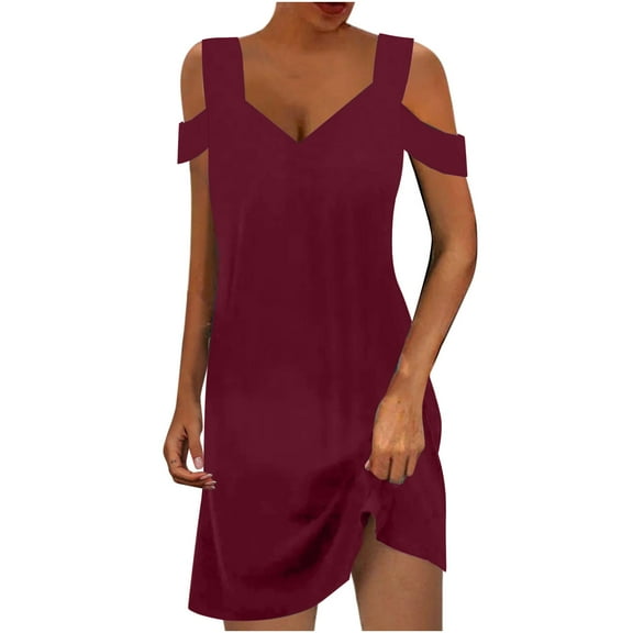 Efsteb Womens Dresses V-Neck Cold Shoulder Dress Short Sleeve Classic Solid Color Casual Loose Sundresses Comfy Fashion Spring Dress (Wine,L)