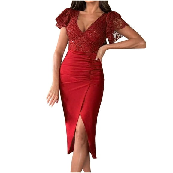 Efsteb Womens Dresses V-Neck Sequin Slit Dress Short Sleeve Loose Sundresses Fashion Comfy Casual Classic Solid Color Spring Dress (Wine,M)