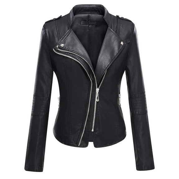 Efsteb Womens Elegant Stylish Leather Jacket Long Sleeved Zippered Lapel Fashion Versatile Outwear Fashionable Trendy Coat Black L