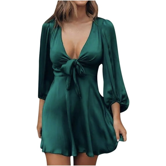 Efsteb Womens Fall Dresses Solid Color Loose Fashion Long Sleeve Dress Casual V-Neck Elegant Tie Dresses Green M