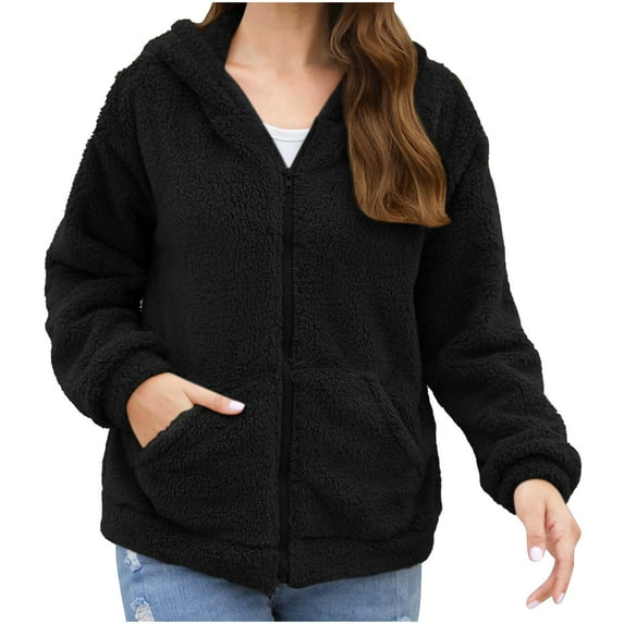Efsteb Womens Fleece Jacket Hooded Single Breasted Long Sleeve Plush Casual Jacket Solid Color for Fall and Winter Everyday Wear Black XL