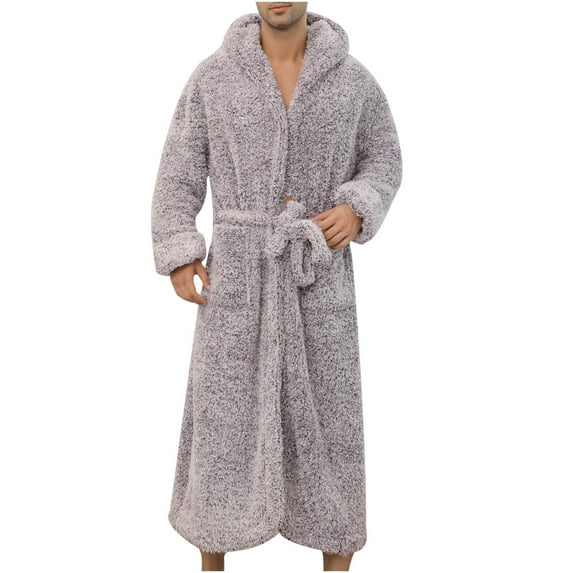 Efsteb Womens Fleece Long Robe Comfortable Casual Solid Color V-Neck Trendy Loose Long Sleeve Winter Thick Button Plus Size Hooded Couple Nightgown Bathrobe Gray XL