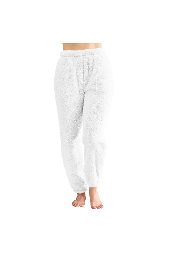 Womens Fluffy Pajama Pants Fleece Winter Warm Lounge Bottoms Stretch Elastic Waist Casual Sleepwear Trousers (White,L)