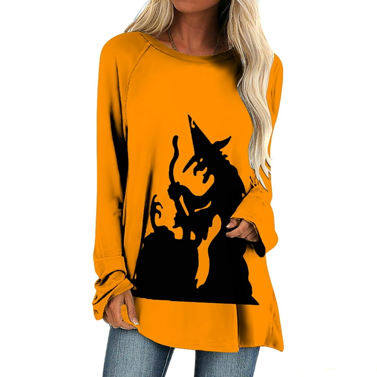 Efsteb Womens Halloween Shirts Cute Spider Print Long Sleeve Tops Crewneck  Long Flowy Tunic Shirts Leisure Loose Comfortable Fashion Pullover Orange S  