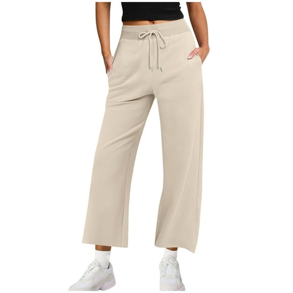 Efsteb Womens High Waist Casual Solid Color Sweatpants with Drawstring and Functional Pockets for Fall and Winter Beige XL