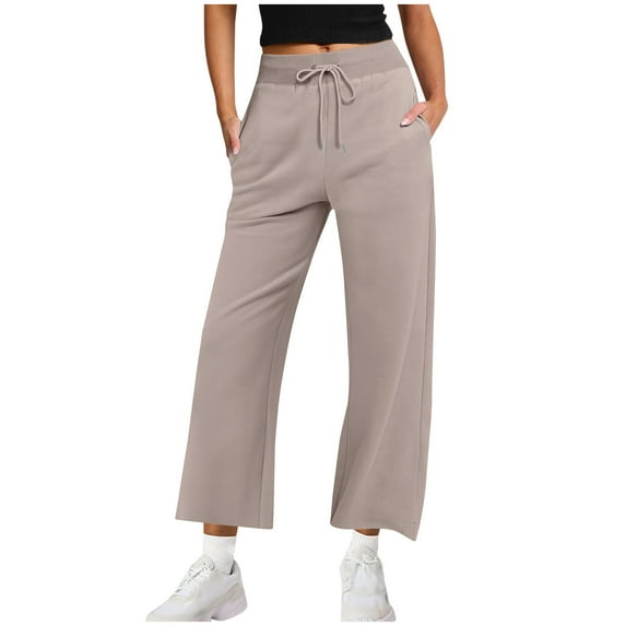 Efsteb Womens High Waist Casual Solid Color Sweatpants with Drawstring and Functional Pockets for Fall and Winter Khaki XL
