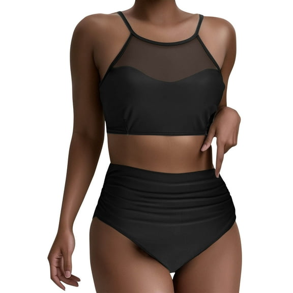 Efsteb Womens High Waisted Bikini Bottoms Women High Waisted Bikini Sets Mesh High Neck Swimsuit Ruched Shorts Two Piece Swimsuits Bathing Suits (Black,M)