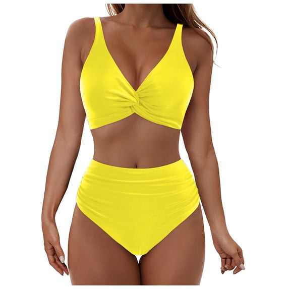 Efsteb Womens High Waisted Bikini Bottoms Women High Waisted Bikini Sets Ruched Two Piece Swimsuit Twist Front Cut Out Adjustable Straps Bathing Suit (Yellow,M)