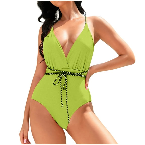 Efsteb Womens High Waisted Bikini Bottoms Women's Swimsuit V Neck Straps Swimsuits Trendy Tie Waist Backless Bathing Suits Swimwear (Green,L)