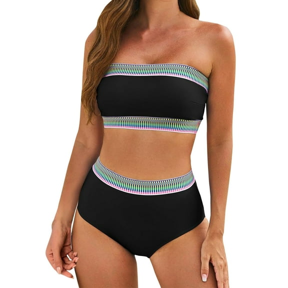 Efsteb Womens High Waisted Bikini Sets Conservative Chest Pads Bandeau Swimsuit Strapless Two Piece Bathing Suit (Black,L)