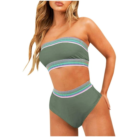 Efsteb Womens High Waisted Bikini Sets Conservative Chest Pads Bandeau Swimsuit Strapless Two Piece Bathing Suit (Green,L)