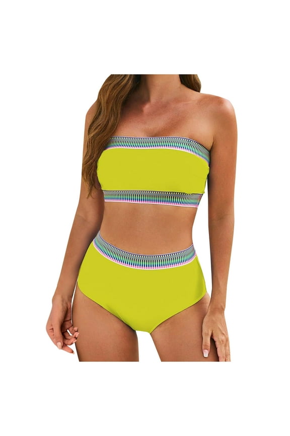 Womens High Waisted Bikini Sets Conservative Chest Pads Bandeau Swimsuit Strapless Two Piece Bathing Suit (Yellow,L)