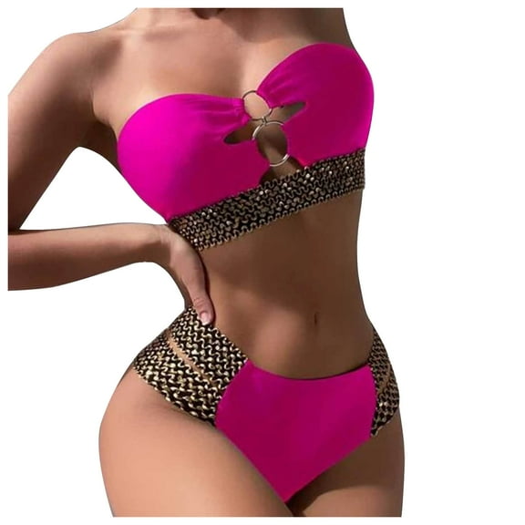 Efsteb Womens High Waisted Bikini Sets Solid Color Strapless Bathing Suit Beach Summer Two Piece Swimsuits High Waist Bikini Swimsuit (Hot Pink,M)