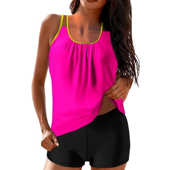 Efsteb Womens High Waisted Bikini Sets Two Piece Bathing Suit Beachwear Ruched Swimwear Solid Color Bikini Beach Vacation (Hot Pink,S)