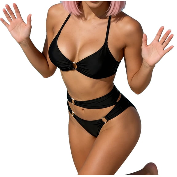 Efsteb Womens High Waisted Bikini Sets Two Piece Solid Color Bathing Suit Swimwear Cut-Out Bikini Beachwear Beach Vacation (Black,S)