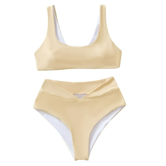 Efsteb Womens High Waisted Bikini Sets Two Piece Swimsuits Spaghetti Straps Bathing Suit Beach Summer High Waist Bikini Solid Color Swimsuit (Beige,XL)