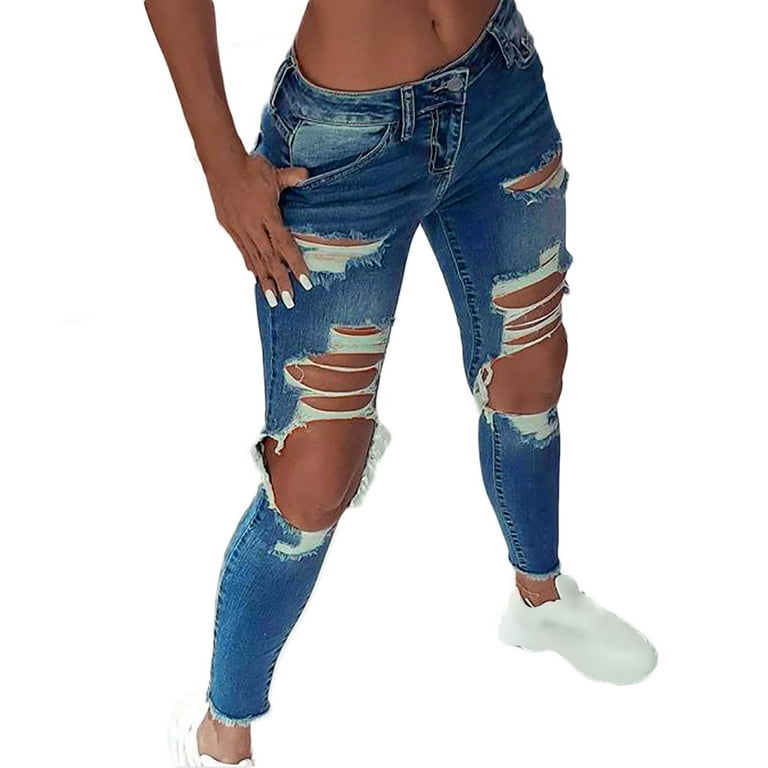 Efsteb Womens Jeans Leggings Casual Comfort Solid Color Hole Low Waist  Jeans Flares Ankle Fashion Pants Trouser Blue XL 