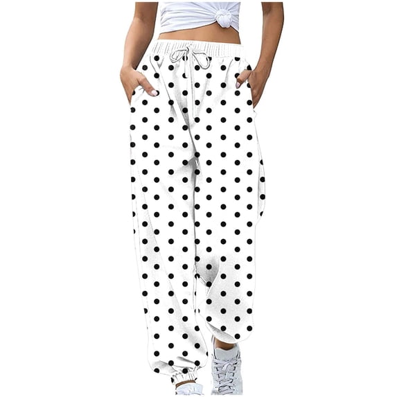 Efsteb Womens Jogger Pants High Waisted Baggy Sweatpants Drawstring Polka Dots Print Casual Loose Joggers with Pockets (White,XL)